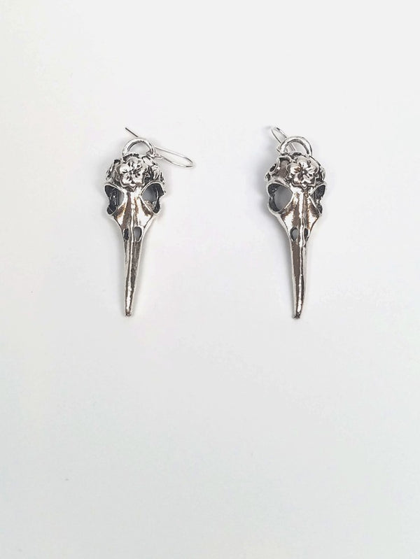silver vintage raven skull dangle earrings