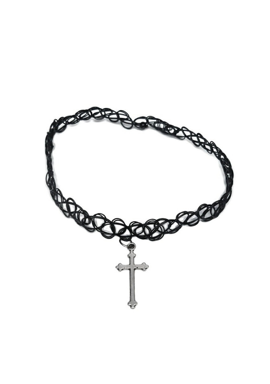 Black Tattoo Choker with Silver Cross Pendant