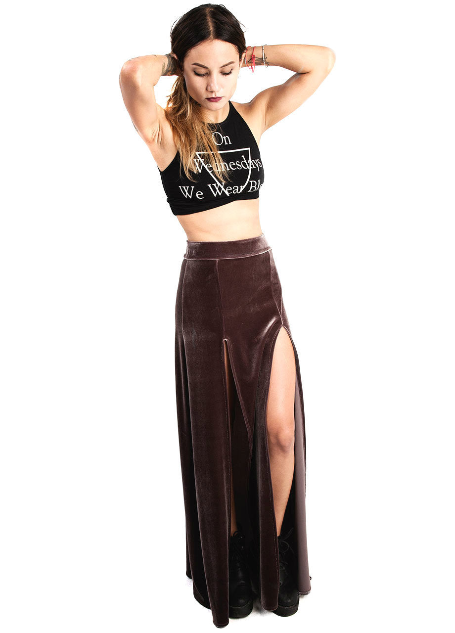 castles couture roma maxi skirt in brown velvet, velvet skirt outfits, women in skirt maxi skirt style