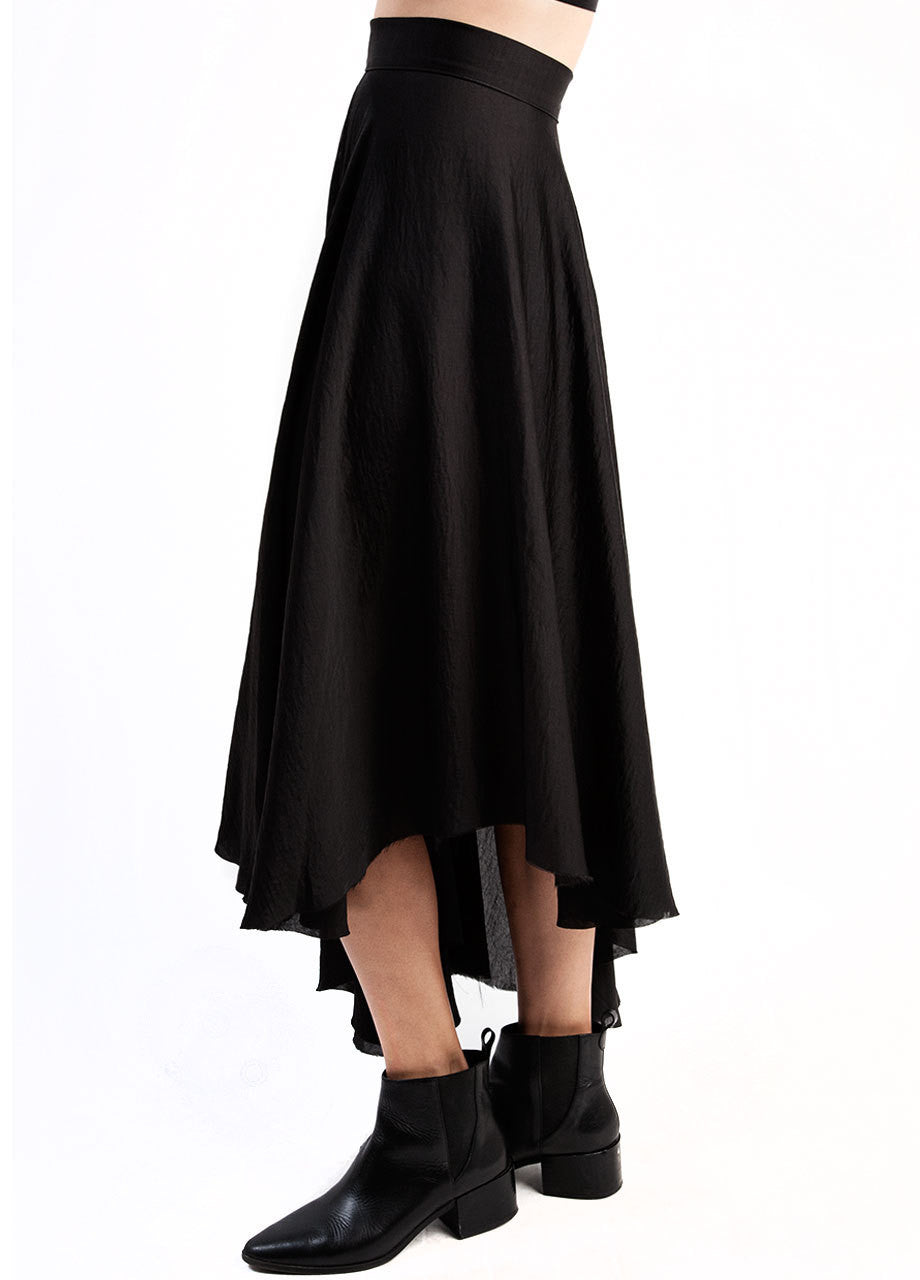 house of widow unfinished business high low black satin skirt, asymmetrical skirt high waisted
