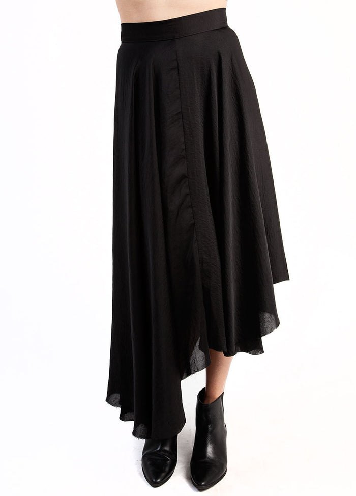widow unfinished business skirt, black satin high low skirt, asymmetric high waist skirt